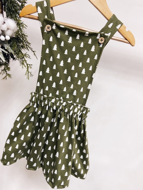 Pronta entrega - Salopete kids frente botões madeira transpasse costas verde cactus pinheirinhos off