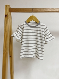 Pronta entrega - blusa manga curta com babado listra cinza pedra na internet