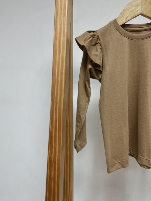 Pronta entrega - Blusa manga longa com babado liso basics avelã