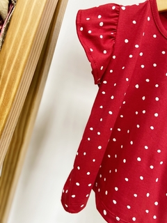 Pronta entrega - Blusa Kids manga babado estampado vermelho bolinhas off botão em pérola na internet