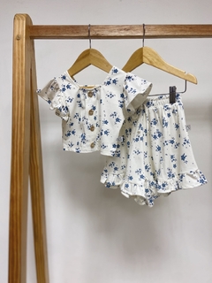 Pronta entrega - Conjunto cropped babado + shorts babado floral azul vintage na internet