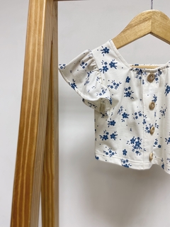 Pronta entrega - Conjunto cropped babado + shorts babado floral azul vintage - loja online