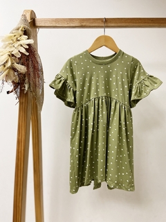 Pronta entrega - Vestido Mullet manga curta com babado oliva bolinhas off na internet