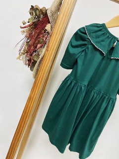 Imagem do Pronta entrega - Vestido Mullet manga bufante babado gola verde com picueta off botão em pérola