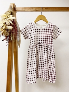Pronta entrega - Vestido Mullet manga curta off xadrez vinho