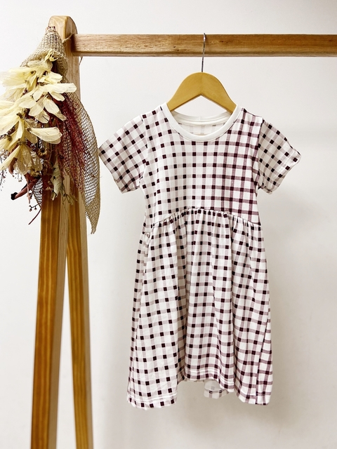 Pronta entrega - Vestido Mullet manga curta off xadrez vinho