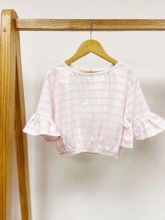 Pronta entrega - Cropped manga curta babado botão pérola listrado rosa claro - You Boy Kids