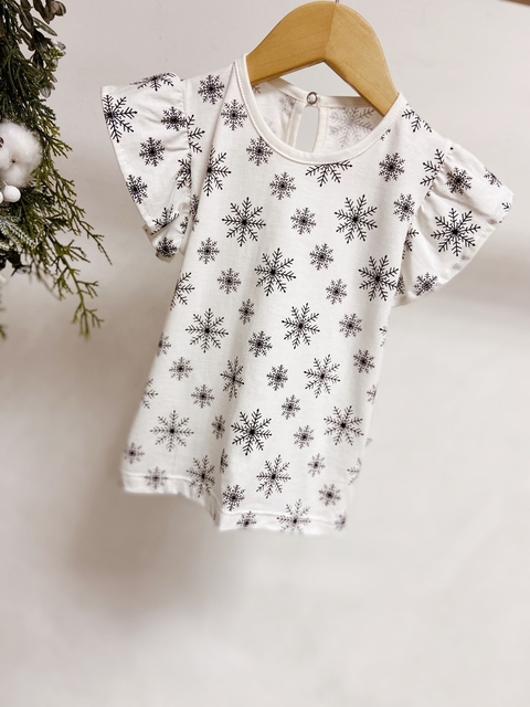 Pronta entrega - Blusa babado off flocos de neve preto botão pérola