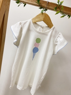 Pronta entrega - Blusa babado off SORVETE bordado picueta Aqua botão pérola casquinha Aqua