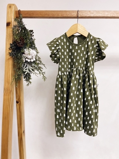 Pronta entrega - Vestido Mullet babado verde cactus pinheirinhos off botão pérola