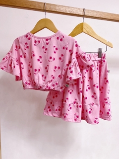 Pronta entrega - Conjunto cropped manga babado botão pérola + saia mini babados cherry
