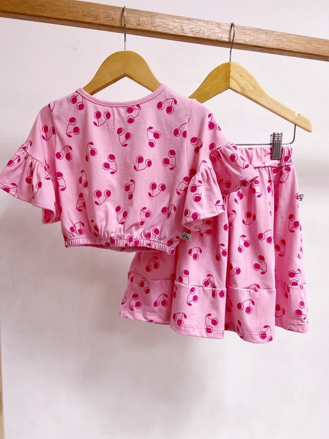 Pronta entrega - Conjunto cropped manga babado botão pérola + saia mini babados cherry