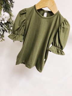 Pronta entrega - Blusa Kids manga princesa botão pérola verde cactus