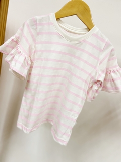 Pronta entrega - Blusa Kids manga curta com babado off listrado rosa claro