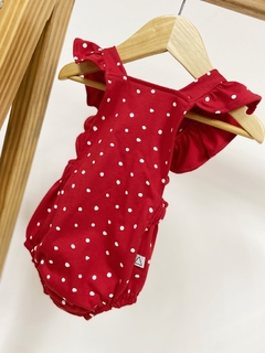 Pronta entrega - Romper baby babado estampado vermelho bolinhas off na internet