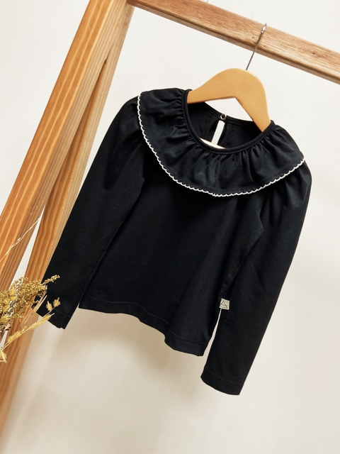 Pronta Entrega - Blusa manga longa babado preta com picueta off