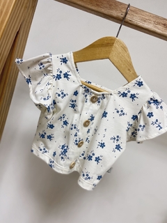 Pronta entrega - Conjunto cropped babado + shorts babado floral azul vintage