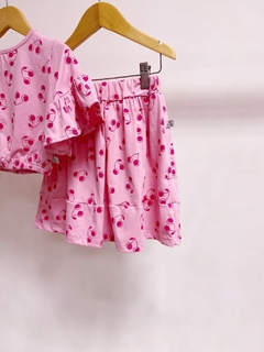 Pronta entrega - Conjunto cropped manga babado botão pérola + saia mini babados cherry - comprar online