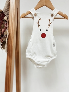 Pronta Entrega - Romper baby botões madeira natural off estampa rena na internet