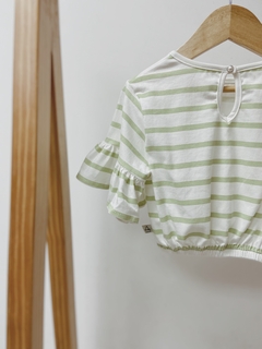 Pronta entrega - Cropped manga curta babado botão pérola listrado verde fábula na internet