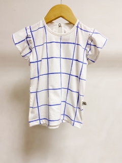 Pronta entrega - Blusa babado blue grid detalhe botao perola