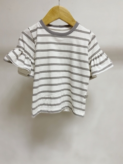 Pronta entrega - blusa manga curta com babado listra cinza pedra