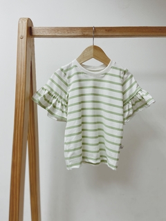 Imagem do Pronta entrega - Blusa Kids manga curta com babado off listrado verde fábula