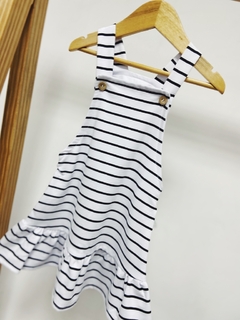 Pronta entrega - Salopete com babado kids Botoes madeira natural Listras