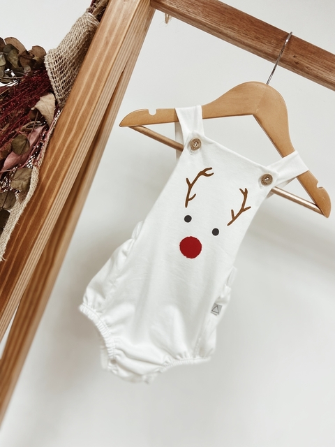 Pronta Entrega - Romper baby botões madeira natural off estampa rena