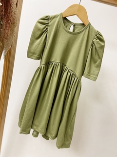 Pronta entrega - Vestido manga bufante oliva botão em pérola