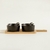 SET X 4 COPETINEROS CERAMICA NEGRA CON BASE BAMBOO Y CUCHARAS 28X20 CM