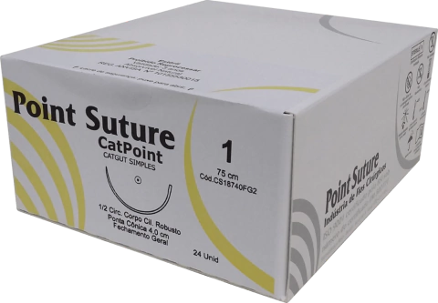 Fio de Sutura CATPOINT Categute Simples 75cm (AGULHA 1/2 DE CÍRCULO CORPO CILÍNDRICO ROBUSTO PONTA CÔNICA DE 40MM)