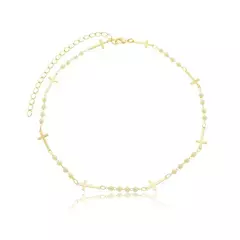 CHOKER PEROLAS E CRUZ INTERCALADA FOLHEADO OURO 18K
