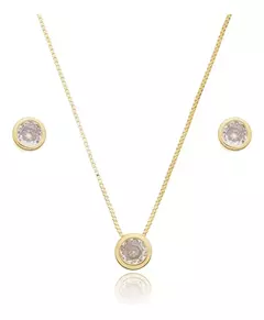 CONJUNTO CLASSICO PONTO DE LUZ ZIRCONIA FOLHEADO A OURO 18 K