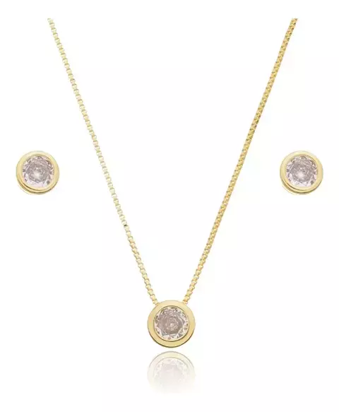 CONJUNTO CLASSICO PONTO DE LUZ ZIRCONIA FOLHEADO A OURO 18 K