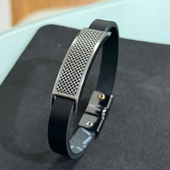 Pulseira masculina placa texturizada couro legítimo