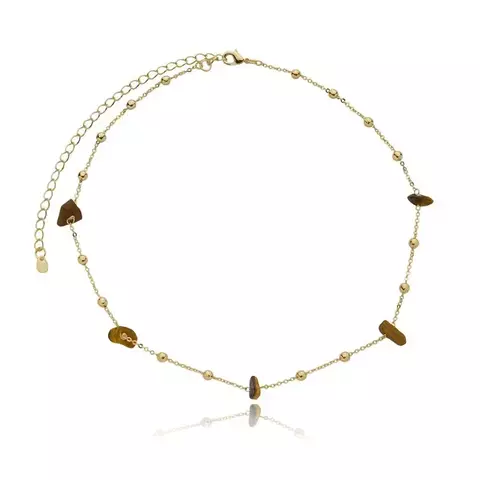 CHOKER ESFERINHAS METAL E PEDRAS OLHO DE TIGRE FOLHEADO OURO 18K