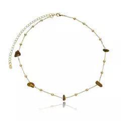 CHOKER ESFERINHAS METAL E PEDRAS OLHO DE TIGRE FOLHEADO OURO 18K