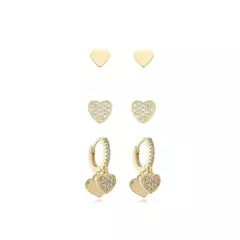 Trio de Brincos Coração semijoia com Zircônias Cravejadas