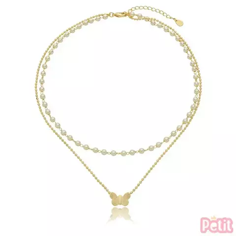 Colar duplo infantil borboleta e pérolas folheado 18k