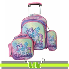 MOCHILA + CARTUCHERA + LONCHERA CARRO UNICORNIO 40X30X13