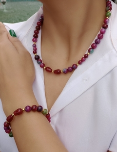 Conjunto Colar + Pulseira Semijoia Pedra Natural Turmalina Melancia - comprar online
