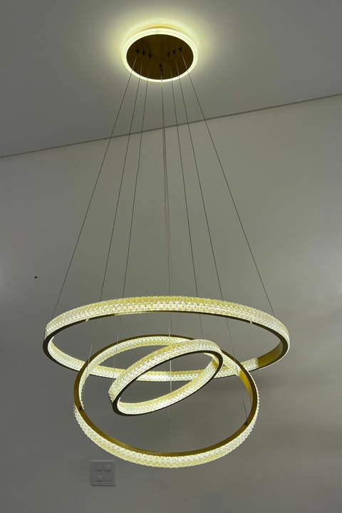Lustre Pendente de Led Glamour Dourado 3 Anéis