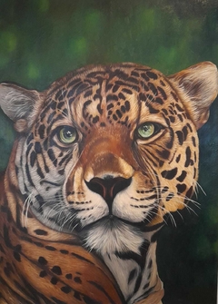 RITA SHULTZ - " ONÇA PINTADA" - Óleo sobre painel (Compensado Naval) - Med. 1,00x0,80cm