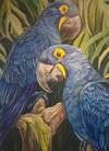 RITA SHULTZ - "ARARAS AZUIS" - Óleo sobre painel (compensado naval) - Med. 1,10cmx80cm -