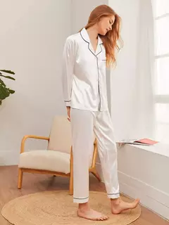 Pijama Americano Feminino Cetim Manga Longa e Calça Branco - Lux Diamond