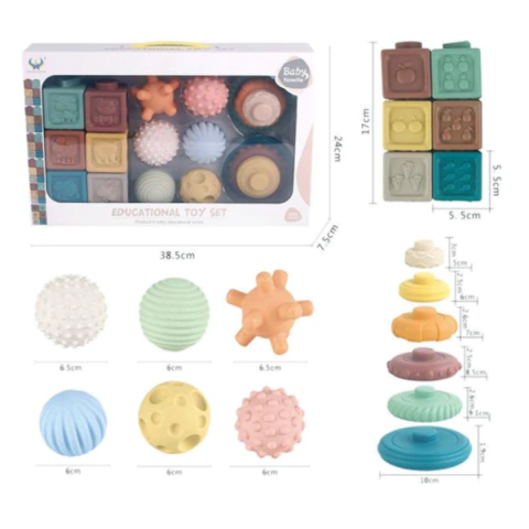 Set full pelotas texturas, cubos y anillos para apilar