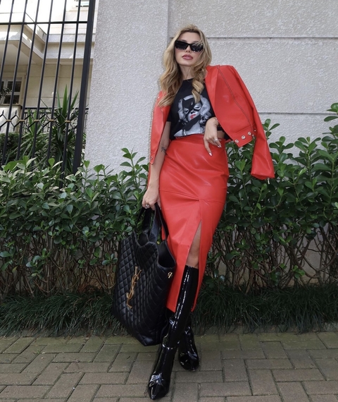 Saia Midi Fenda Couro