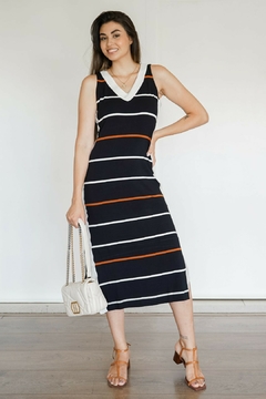31180-VESTIDO MIDI MALHA PRETA LISTRADA COM DETALHES EM SENSORIALE NATURAL