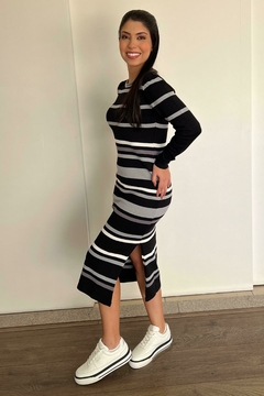 30886-VESTIDO MIDI EM TRICOT MODAL GOLA REDONDA LISTRADO - comprar online